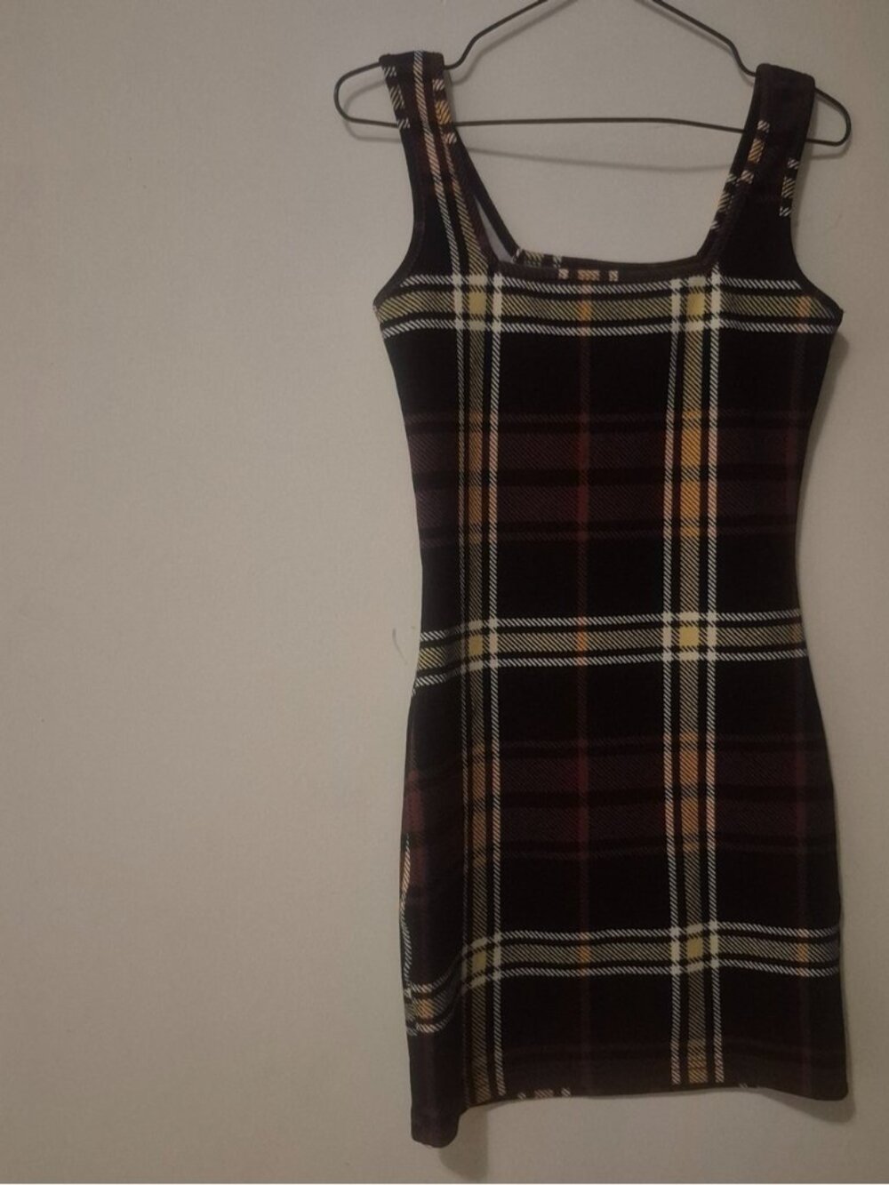 Plaid Square-Neck Mini Dress in Black with Yellow Accent